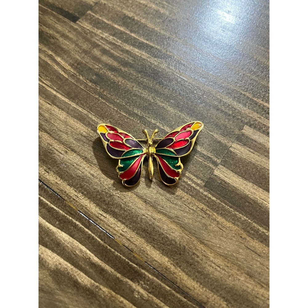Vintage Butterfly Brooch Gold Tone Enamel Cloisonne Style Multi Color Pin